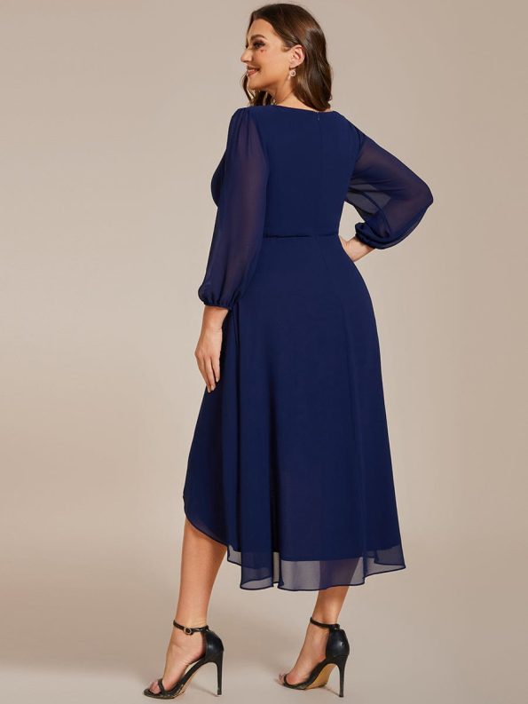 Plus Size Chiffon A-Line Long Sleeves Asymmetrical Hem Wedding Guest Dress - Navy Blue