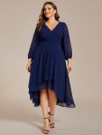 Long Sleeves Asymmetrical Hem A-Line Midi Wedding Guest Dress – Navy Blue