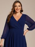 Long Sleeves Asymmetrical Hem A-Line Midi Wedding Guest Dress – Navy Blue