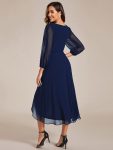 Long Sleeves Asymmetrical Hem A-Line Midi Wedding Guest Dress – Navy Blue