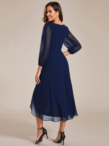 Long Sleeves Asymmetrical Hem A-Line Midi Wedding Guest Dress - Navy Blue