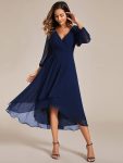 Long Sleeves Asymmetrical Hem A-Line Midi Wedding Guest Dress – Navy Blue