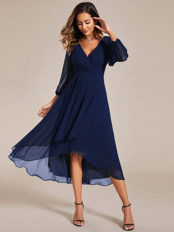 Long Sleeves Asymmetrical Hem A-Line Midi Wedding Guest Dress - Navy Blue