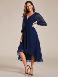 Long Sleeves Asymmetrical Hem A-Line Midi Wedding Guest Dress – Navy Blue