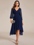 Long Sleeves Asymmetrical Hem A-Line Midi Wedding Guest Dress – Navy Blue