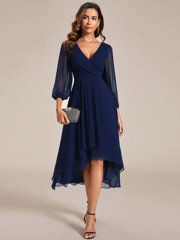 Long Sleeves Asymmetrical Hem A-Line Midi Wedding Guest Dress - Navy Blue