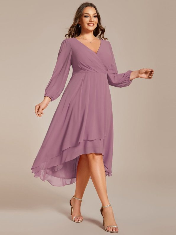 Plus Size Chiffon A-Line Long Sleeves Asymmetrical Hem Wedding Guest Dress - Purple Orchid