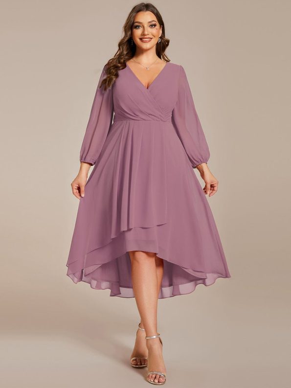 Long Sleeves Asymmetrical Hem A-Line Midi Wedding Guest Dress - Purple Orchid