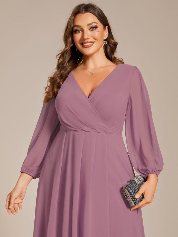 Long Sleeves Asymmetrical Hem A-Line Midi Wedding Guest Dress - Purple Orchid