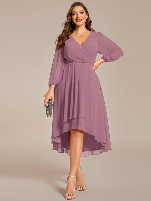 Plus Size Chiffon A-Line Long Sleeves Asymmetrical Hem Wedding Guest Dress - Purple Orchid