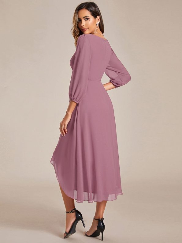 Long Sleeves Asymmetrical Hem A-Line Midi Wedding Guest Dress - Purple Orchid