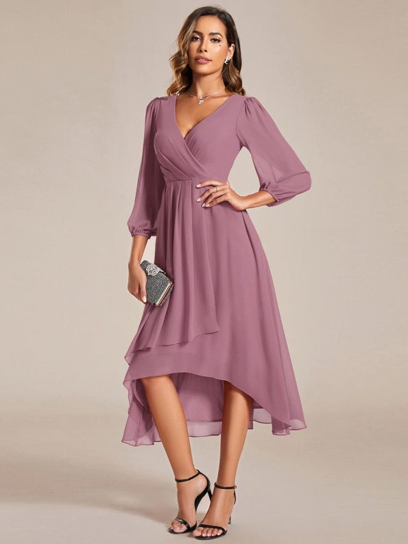 Long Sleeves Asymmetrical Hem A-Line Midi Wedding Guest Dress - Purple Orchid