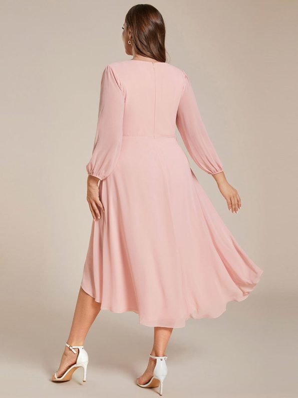 Long Sleeves Asymmetrical Hem A-Line Midi Wedding Guest Dress - Pink