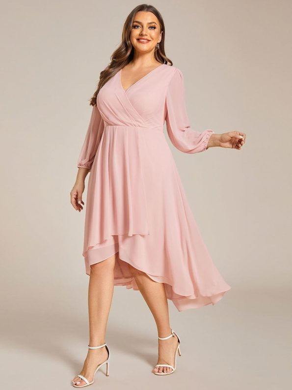 Plus Size Chiffon A-Line Long Sleeves Asymmetrical Hem Wedding Guest Dress - Pink