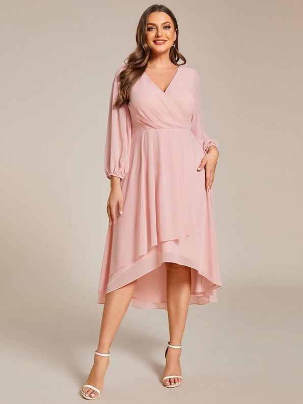 Plus Size Chiffon A-Line Long Sleeves Asymmetrical Hem Wedding Guest Dress - Pink