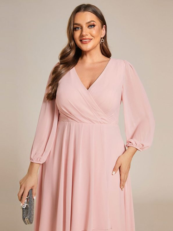 Plus Size Chiffon A-Line Long Sleeves Asymmetrical Hem Wedding Guest Dress - Pink