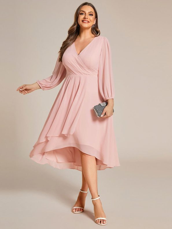 Long Sleeves Asymmetrical Hem A-Line Midi Wedding Guest Dress - Pink