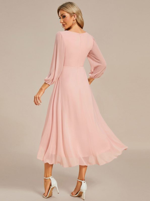 Long Sleeves Asymmetrical Hem A-Line Midi Wedding Guest Dress - Pink