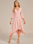 Long Sleeves Asymmetrical Hem A-Line Midi Wedding Guest Dress – Pink