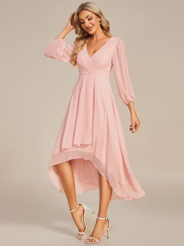 Long Sleeves Asymmetrical Hem A-Line Midi Wedding Guest Dress - Pink