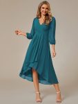 Long Sleeves Asymmetrical Hem A-Line Midi Wedding Guest Dress – Teal