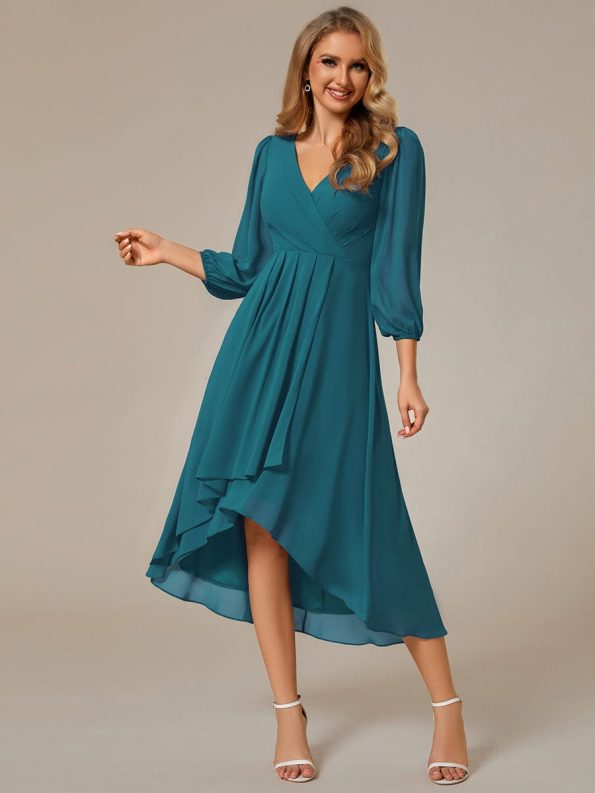 Long Sleeves Asymmetrical Hem A-Line Midi Wedding Guest Dress - Teal