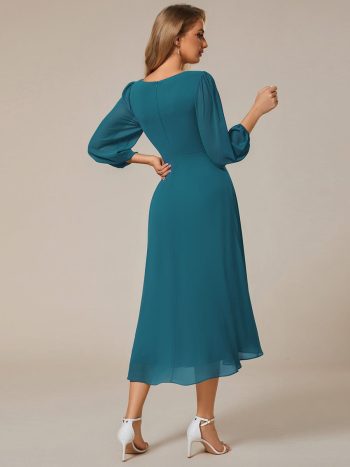 Long Sleeves Asymmetrical Hem A-Line Midi Wedding Guest Dress - Teal