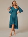 Long Sleeves Asymmetrical Hem A-Line Midi Wedding Guest Dress – Teal