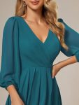 Long Sleeves Asymmetrical Hem A-Line Midi Wedding Guest Dress – Teal