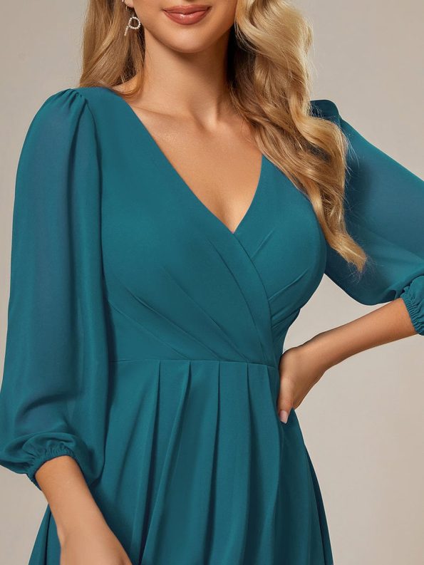 Long Sleeves Asymmetrical Hem A-Line Midi Wedding Guest Dress - Teal