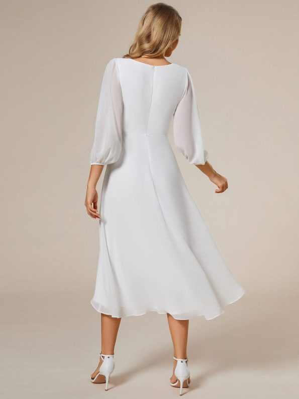 Long Sleeves Asymmetrical Hem A-Line Midi Wedding Guest Dress - White