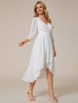 Long Sleeves Asymmetrical Hem A-Line Midi Wedding Guest Dress – White