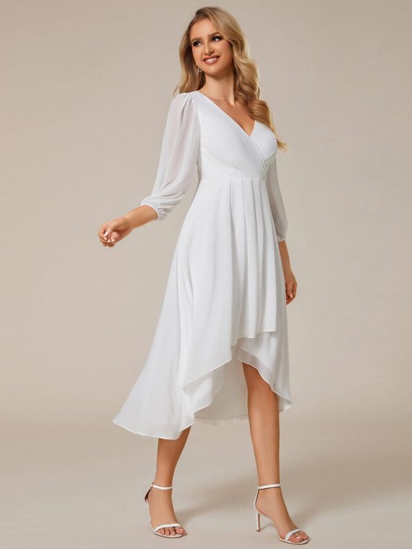 Long Sleeves Asymmetrical Hem A-Line Midi Wedding Guest Dress - White