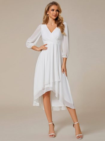 Long Sleeves Asymmetrical Hem A-Line Midi Wedding Guest Dress - White