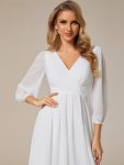 Long Sleeves Asymmetrical Hem A-Line Midi Wedding Guest Dress – White