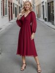 Chiffon V-Neck Long Sleeves Elastic Band Midi Wedding Guest Dress – Burgundy