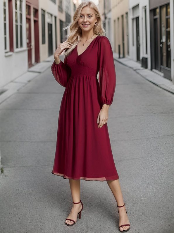 Chiffon V-Neck Long Sleeves Elastic Band Midi Wedding Guest Dress - Burgundy