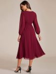 Chiffon V-Neck Long Sleeves Elastic Band Midi Wedding Guest Dress – Burgundy