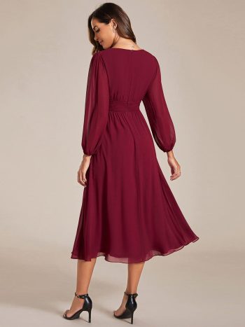 Chiffon V-Neck Long Sleeves Elastic Band Midi Wedding Guest Dress - Burgundy