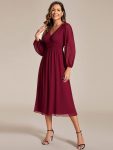 Chiffon V-Neck Long Sleeves Elastic Band Midi Wedding Guest Dress – Burgundy