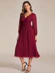 Chiffon V-Neck Long Sleeves Elastic Band Midi Wedding Guest Dress – Burgundy