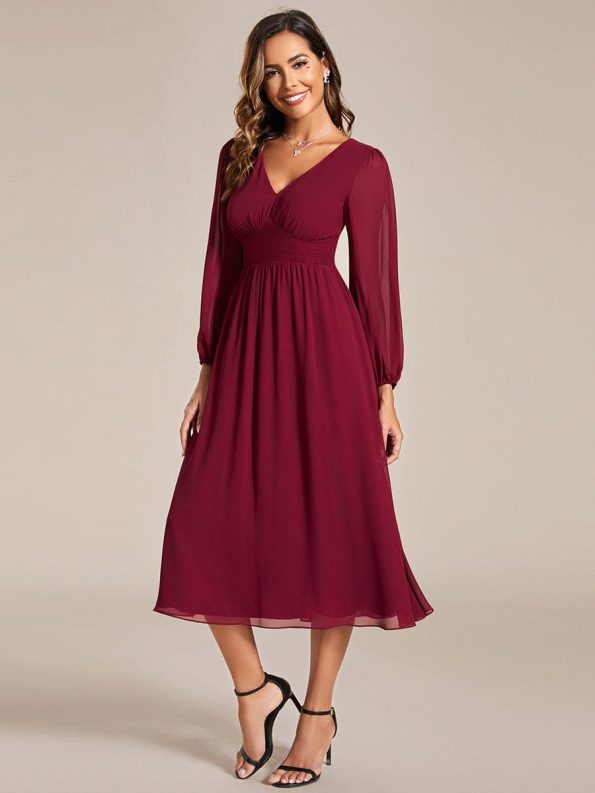 Chiffon V-Neck Long Sleeves Elastic Band Midi Wedding Guest Dress - Burgundy