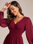 Chiffon V-Neck Long Sleeves Elastic Band Midi Wedding Guest Dress – Burgundy