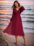 Chiffon V-Neck Long Sleeves Elastic Band Midi Wedding Guest Dress – Burgundy