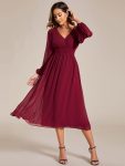 Chiffon V-Neck Long Sleeves Elastic Band Midi Wedding Guest Dress – Burgundy