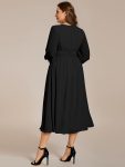 Chiffon V-Neck Long Sleeves Elastic Band Midi Wedding Guest Dress – Black