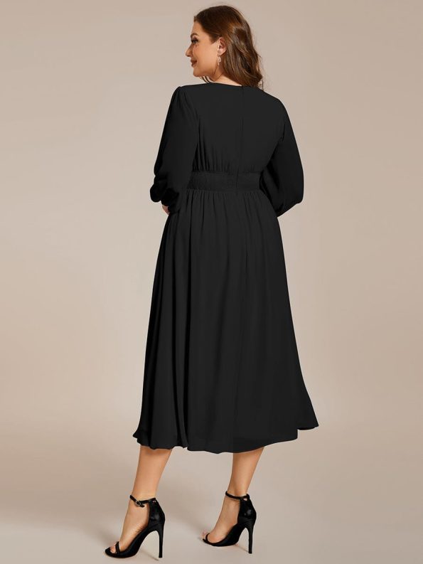 Chiffon V-Neck Long Sleeves Elastic Band Midi Wedding Guest Dress - Black