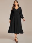 Chiffon V-Neck Long Sleeves Elastic Band Midi Wedding Guest Dress – Black