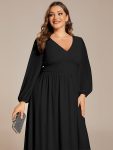 Chiffon V-Neck Long Sleeves Elastic Band Midi Wedding Guest Dress – Black