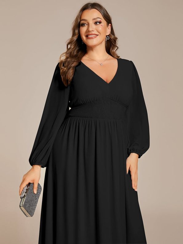 Chiffon V-Neck Long Sleeves Elastic Band Midi Wedding Guest Dress - Black